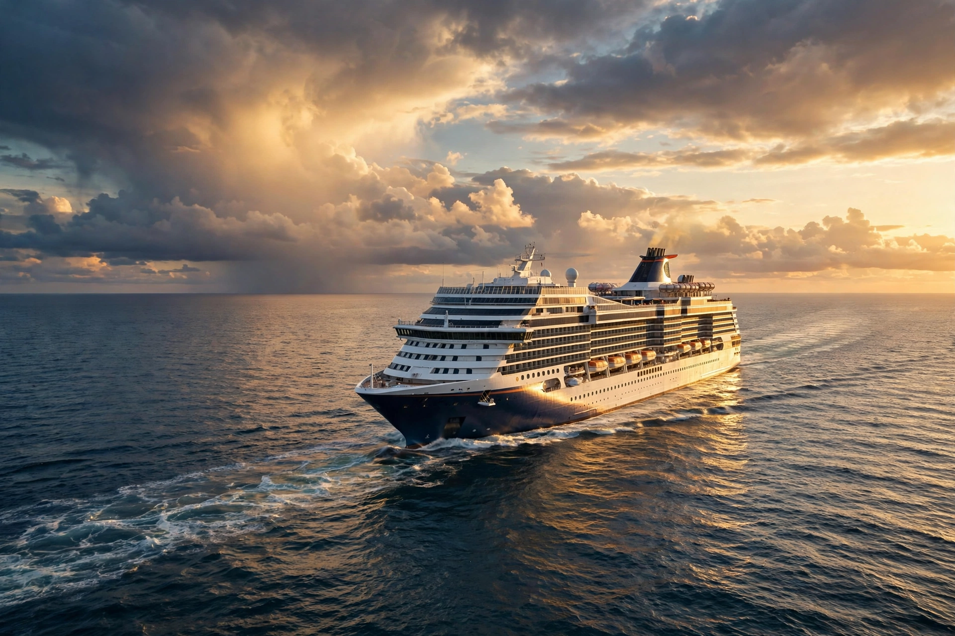 Cruise ship sailing at golden hour