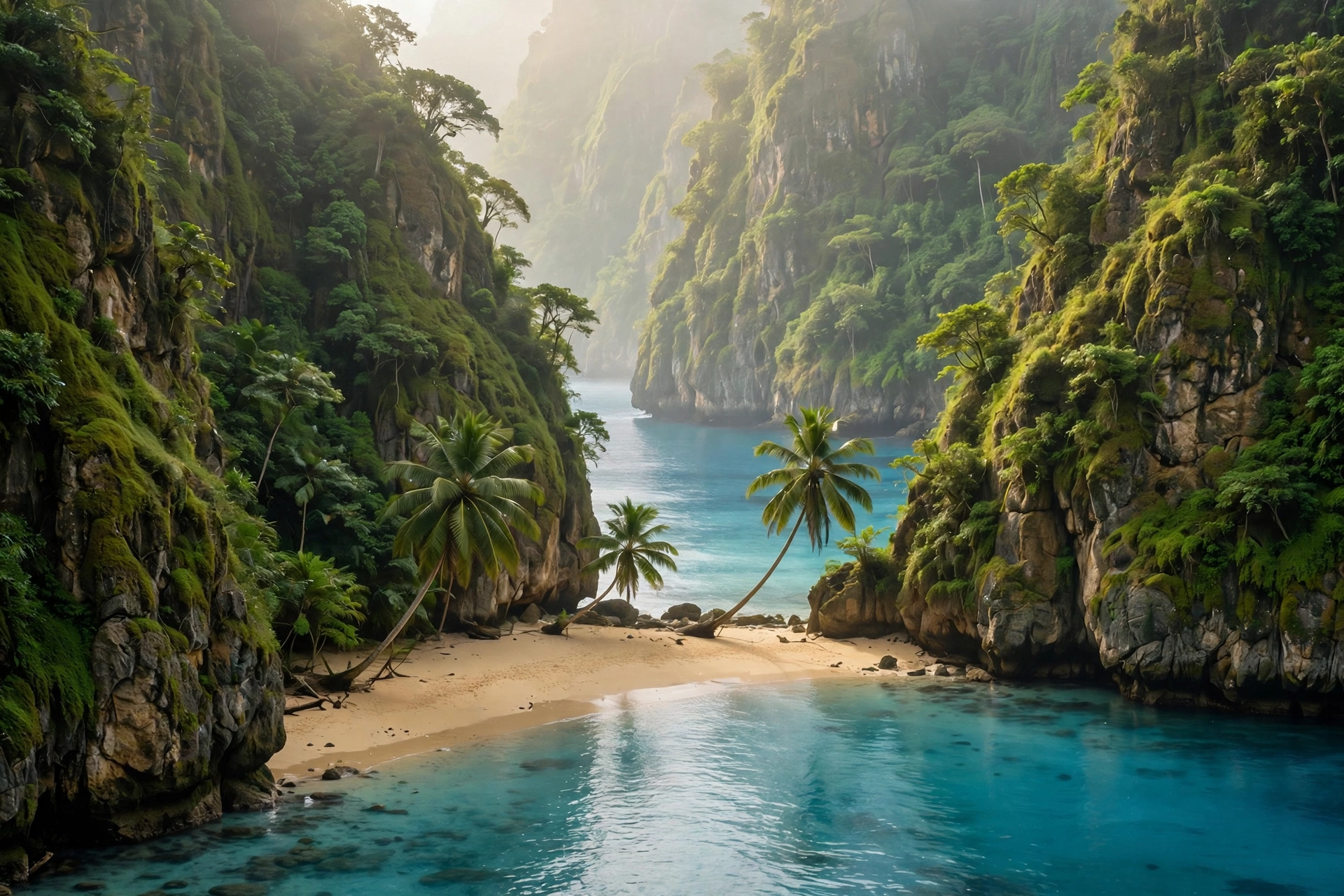 Secluded island cove with cliffs