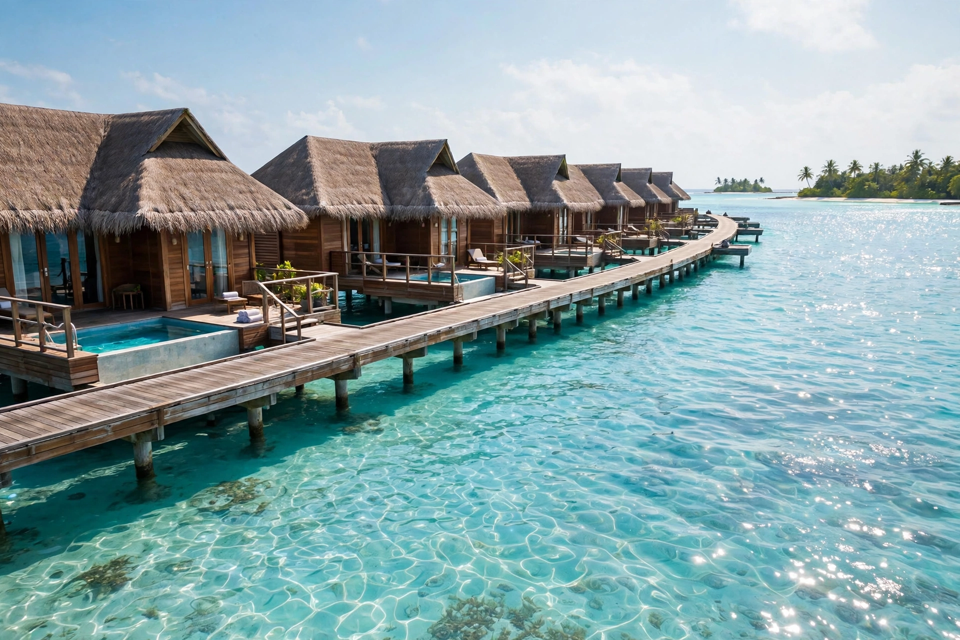 Overwater bungalows above a turquoise lagoon