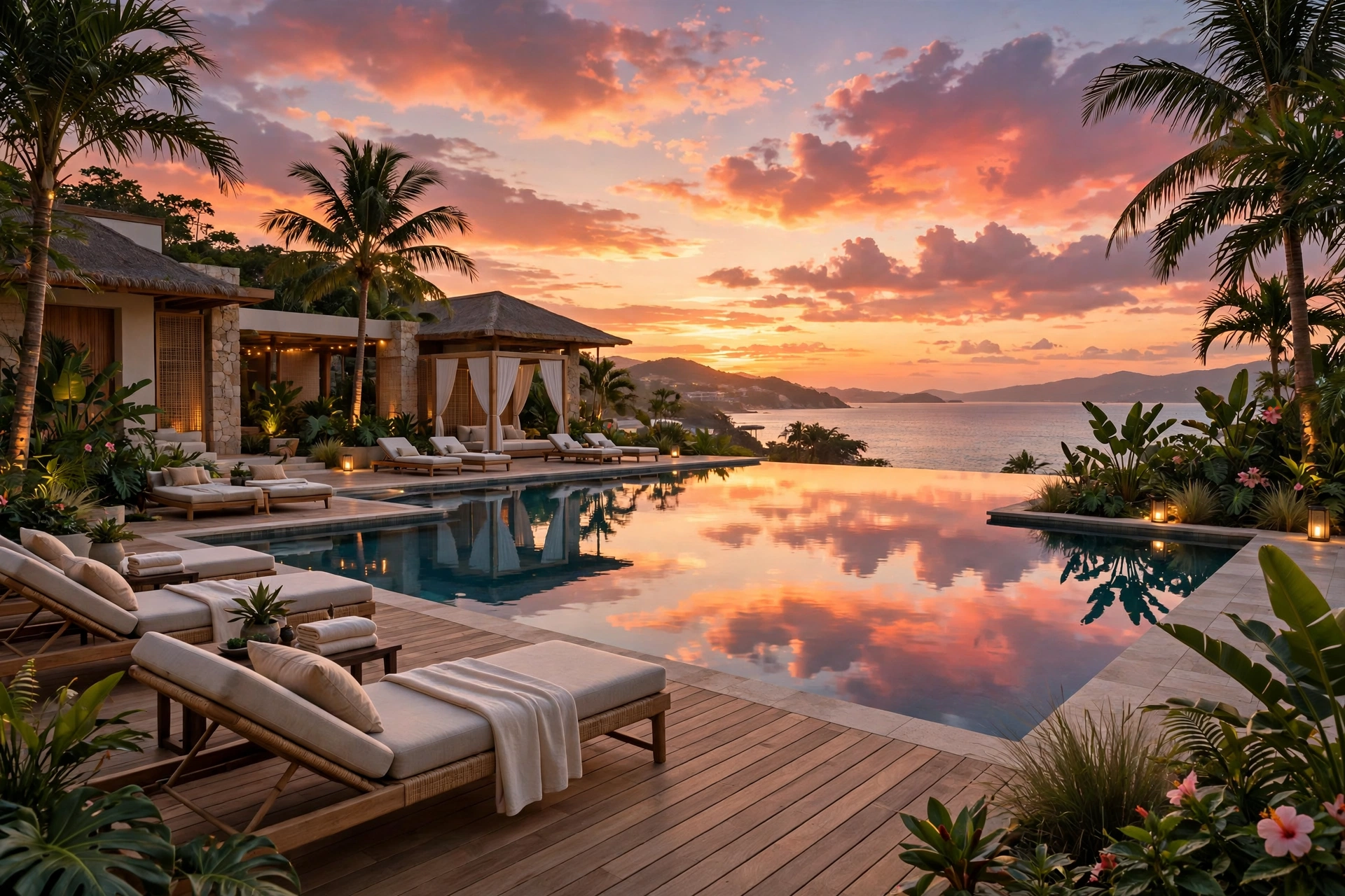 Luxury resort infinity pool at sunset